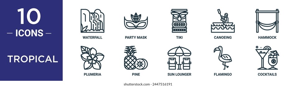 tropical outline icon set includes thin line waterfall, party mask, tiki, canoeing, hammock, plumeria, pine icons for report, presentation, diagram, web design