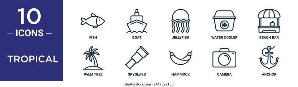 tropical outline icon set includes thin line fish, boat, jellyfish, water cooler, beach bar, palm tree, spyglass icons for report, presentation, diagram, web design