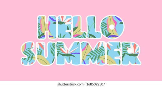 Tropical outlined HELLO SUMMER text. Isolated vector design sign, header for web and print use. Bright colorful Hawaiian letters on pink. Summertime conceptual drawing.