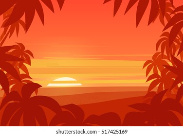 Tropical palm background. Sunset on summer beach. Summer tropical palm tree leaves vector border. Tropical beach summer print. Summer poster
