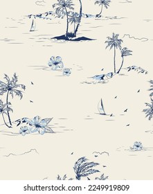 Tropical Palm Beach Island Hand Draw Outline Vector illustration Seamless Pattern Print On light Beige Colour Background Wallpaper 