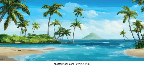 Tropical palm beach with sand sea banner vector illustration with copy space, voucher advertising Summer vacation. tropical island palms sun. Hawaiian landscape paradise. Colored party invitation.