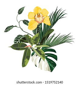 Tropical palm branches, exotic leaves and yellow orchid flower over white background. Fashion summer print for wrapping, fabric, invitation card and your template design.