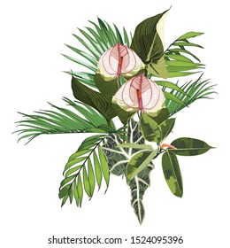 Tropical palm branches and exotic leaves, Spathiphyllum flower composition over white background. Fashion summer print for wrapping, fabric, invitation card and your template design.