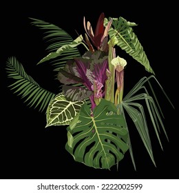 Tropical palm, branches and exotic leaves composition over white. Japanese new year flower. Fresh purple cabbage. Fashion summer print for wrapping, fabric, invitation card and your template. 