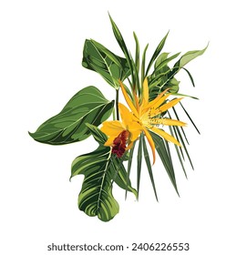 Tropical palm branches, exotic leaves and yellow orchid flower over white background. Fashion summer print for wrapping, fabric, invitation card and your template design.