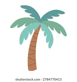 Tropical palm coconut tree curved brown trunk green leaves beach asset flat vector