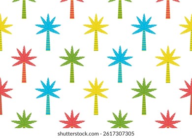 Tropical palm or coconut tree seamless pattern. Abstract blue Hawaii background.Vector folk art Hand drawn illustration for seasonal design, print, exotic wallpaper,textile, fabric,holiday, decorate.