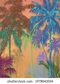 Tropical palm forest in the morning haze in in bright multicolor