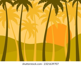 Tropical palm forest with sun behind the hills. Palm trees in the foreground and background. Green wavy landscape. Design for print, banners and posters. Vector illustration