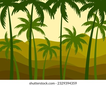 Tropical palm forest. Palm trees in the foreground and background. Wavy landscape with hills on the horizon in a minimalist style. Design for posters, prints and banners. Vector illustration
