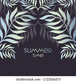 Hojas tropicales de gradiente de palma enmarcadas con letras "Verano". Plantilla de Vector de moda para diseño de ropa de baño, invitación, tarjetas y decoración de temporada.