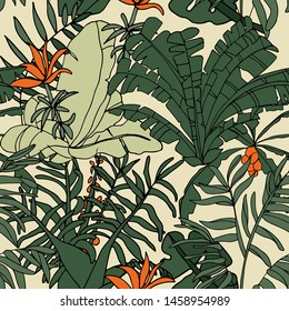 tropical palm with green leaves and light yellow background seamless patern for textile or wallpaper