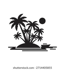 Icono de Vector negro sólido de isla de palma tropical aislado fondo blanco mar playa vacaciones de verano paraíso exótico símbolo diseño gráfico ilustración