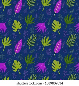 Tropical palm and jungle green leaves. Linear sketch twigs. Seamless background for fabric, wallpaper and textile. Vector isolated hand drawn elements on the dark blue background.