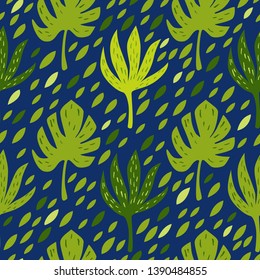 Tropical palm and jungle green leaves. Abstract blobs. Seamless background for fabric, wallpaper and textile. Vector isolated hand drawn elements on the dark blue background.