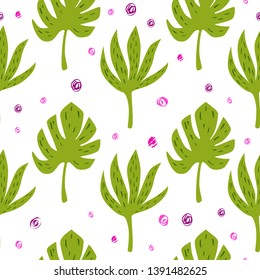 Tropical palm and jungle green leaves. Abstract blobs. Seamless background for fabric, wallpaper and textile. Vector isolated hand drawn elements on the white background.