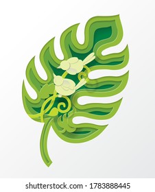 Tropical palm leaf with birds, Vector isolated on white background. Paper art 