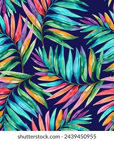 Tropical palm leaf colorful watercolor on dark background. Exotic tropical artistic leaves saturated in color. Vector seamless pattern. Hand drawn print. colorful floral jungle Plant