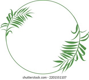 Tropical palm leaf frame.  Round Icon in trendy minimal linear style. Template for logo cosmetics, beauty Studio, hairdresser, handmade, jewelry. Vector stock illustration