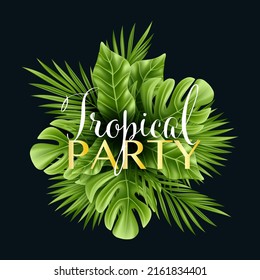 tropische Palmenblätter einzeln auf schwarzem Hintergrund. Realistisches grünes Sommerpflanzenplakat. Vektorgrafik von Dschungelpflanzen mit Blumen