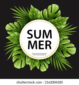Tropical palm leaf isolated on black background in white circle with text. Realistic green summer plant. Vector floral jungle plants illustration