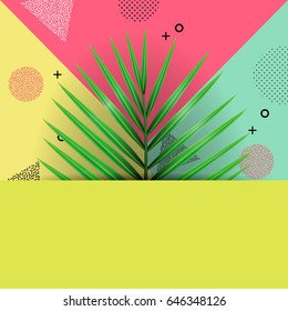 Tropical palm leaf (MacArthur's palm) on memphis style background.For summer or spring background.Vector illustration.