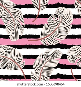 Tropical palm leaf on striped  background. Vector  abstract illustration for textile, print, wallpapers, wrapping. 