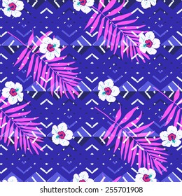 Tropical palm leaf  pattern with geometric background.Fashion floral neon colored texture for design.
