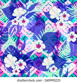 Tropical palm leaf pattern with geometric background.Fashion floral neon colored texture for design.
