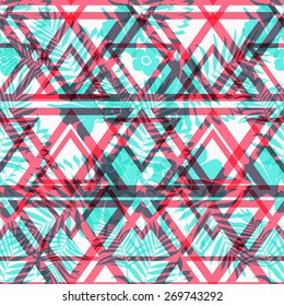 Tropical palm leaf pattern with geometric background.