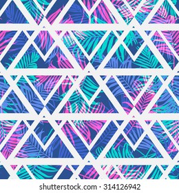 Tropical palm leaf pattern with geometric background.Vector fashion seamless creative art print for design . Neon colored jungle wallpaper.