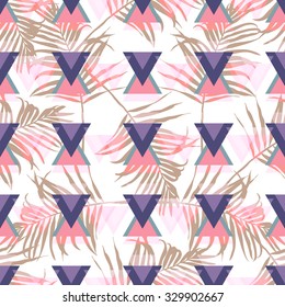 Tropical palm leaf pattern with geometric background.Vector fashion seamless creative art print for design Pastel colored jungle wallpaper.