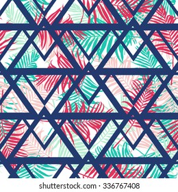 Tropical palm leaf pattern with geometric background.Vector fashion seamless creative art print for design . Pastel colored jungle wallpaper