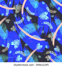 Tropical palm leaf pattern with geometric brush strokes fantasy print .Fashion print with palm leaves and stripes in vector
