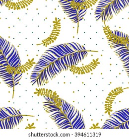 Tropical palm leaf pattern with geometric brush strokes fantasy print .Fashion print with palm leaves  in vector
