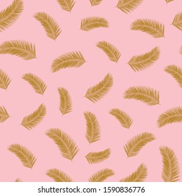 Tropical palm leaf plants seamless vector pattern. Golden exotic leaves on pink background. Abstract floral repeating backdrop. Vector illustration for fabric, packaging, banners, wrapping