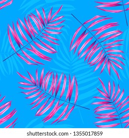 Tropical palm leaf seamless pattern neon colored. Vector illustration