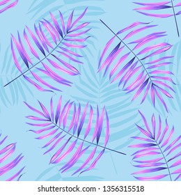 Tropical palm leaf seamless pattern neon colored. Vector illustration