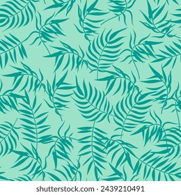 Tropical palm leaf seamless pattern. Trendy summer texture, fresh palm leaves print on green background. Vector pattern for fabric, wrapping paper, decor element, wallpapers, natural product cover.