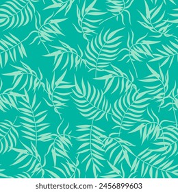 Tropical palm leaf seamless pattern. Trendy summer texture, fresh palm leaves print on green background. Vector pattern for fabric, wrapping paper, decor, wallpapers, natural product cover, textile.