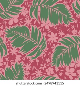 Tropical palm leaf seamless pattern on hand drawn small ditsy flower background