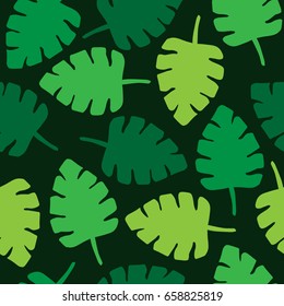 Tropical palm leaf seamless pattern, vector illustration drawing of tropical leaves in green shades. Isolated pattern with dark green, black background.