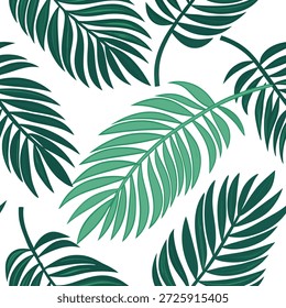 Tropical palma folha padrão de azulejo sem costura com palmas verdes exuberantes e acentos vibrantes em um fundo branco ideal para lounges ensolarados conceito como folhas de palma verde exuberante com acentos vibrantes no fundo branco criar tropical padrão de azulejo sem costura para lounges ensolarados no Photo Stock Concept e espaço vazio no lado esquerdo, sem texto —ar 7:2 —azulejo