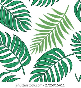 Tropical palma folha padrão de azulejos sem costura com palmas verdes vibrantes e frondes tropicais em um fundo branco ideal para o conceito de cozinhas ensolaradas como palmeiras verdes vibrantes e frondes tropicais no fundo branco criar padrão de azulejos sem costura tropical para cozinhas ensolaradas no Photo Stock Concept e espaço vazio no lado esquerdo, sem texto —ar 7:2 —tile
