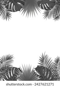 Ilustración de vector de silueta de hoja de palma tropical. Marco de borde vertical de follaje tropical blanco y negro. Plantas de la selva tropical del Amazonas en un fondo transparente para la belleza y la moda pósters, maquetas