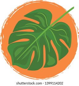 Tropical, palm leaf vector illustration on orange circle background