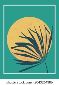 A tropical palm leaf wraps around a textured sun disk. Dawn or sunset of nature for interior design, atmospheric postcards. Vector.