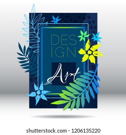 Tropical palm leaves art frames. Modern card design, flowers cover, blue premium brochure, flyer, invitation template. Business identity elegant style. Hand drawn vector