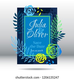 Tropical palm leaves art frames. Modern card design, flowers cover, blue premium brochure, flyer, invitation template. Business identity elegant style. Hand drawn vector